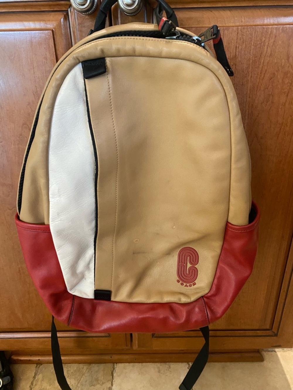 Coach Men’s Tan, Red & White Leather Backpack